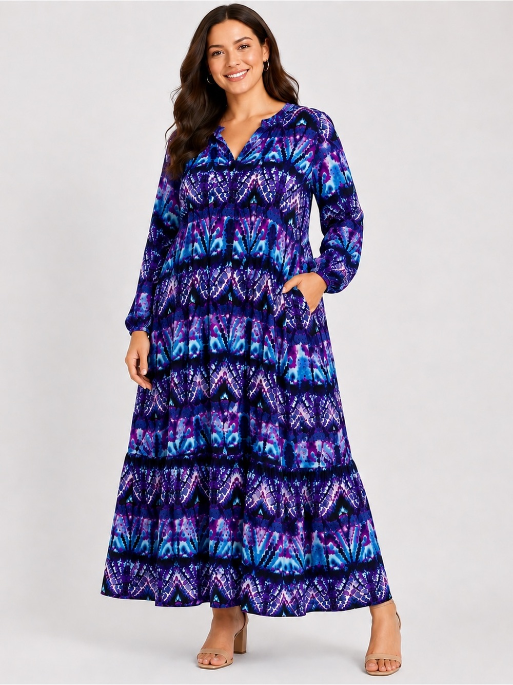 Westbound Woman Sz Large Blue/Purple Abstract Print Tiered Maxi Dress - NWT